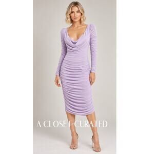 Aliette Ruched Long Sleeve Cowl Neck Midi Dress